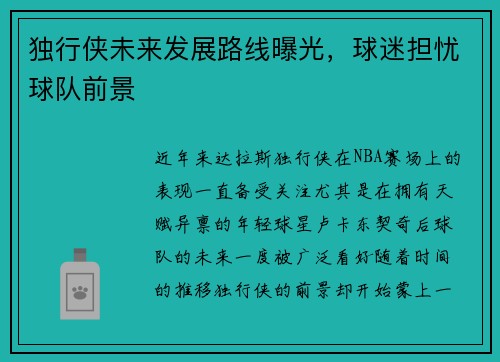 独行侠未来发展路线曝光，球迷担忧球队前景