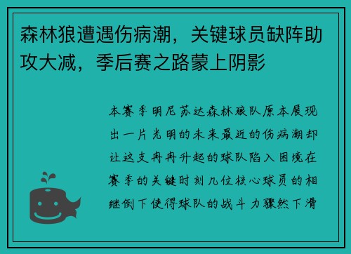 森林狼遭遇伤病潮，关键球员缺阵助攻大减，季后赛之路蒙上阴影