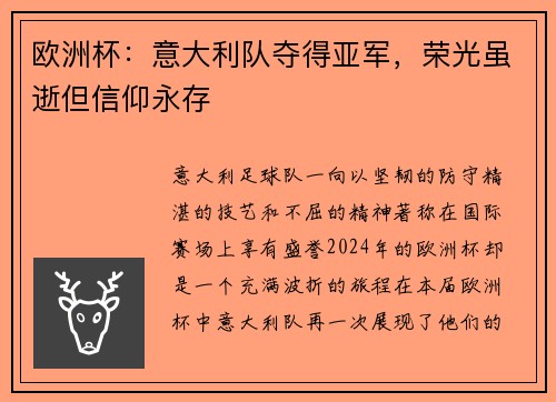 欧洲杯：意大利队夺得亚军，荣光虽逝但信仰永存