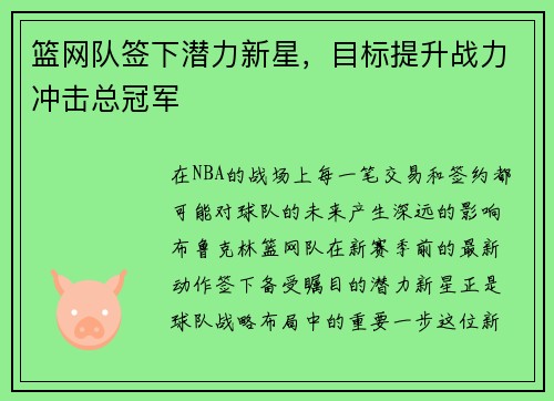 篮网队签下潜力新星，目标提升战力冲击总冠军