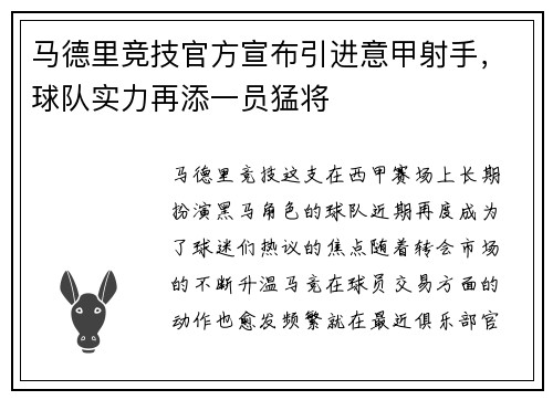 马德里竞技官方宣布引进意甲射手，球队实力再添一员猛将
