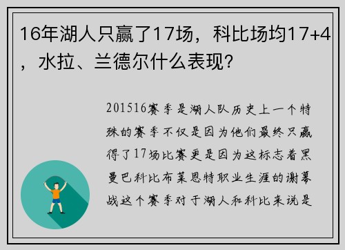 16年湖人只赢了17场，科比场均17+4，水拉、兰德尔什么表现？