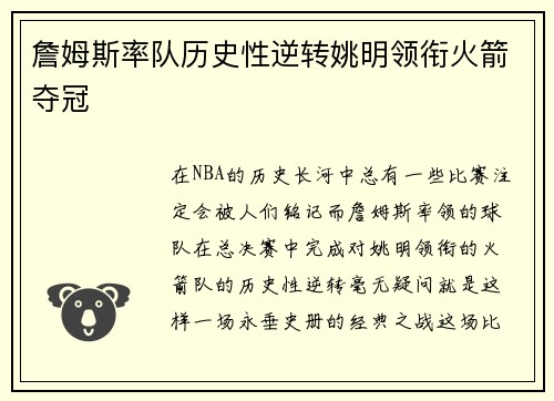 詹姆斯率队历史性逆转姚明领衔火箭夺冠
