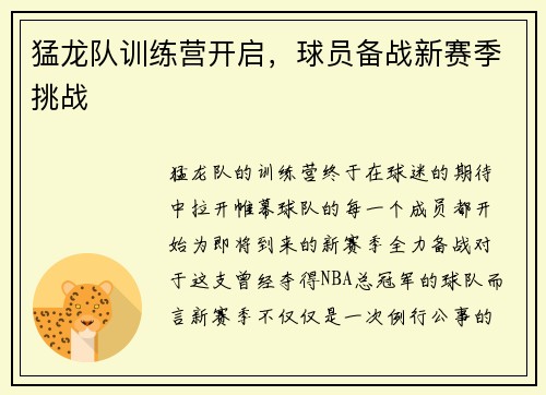 猛龙队训练营开启，球员备战新赛季挑战