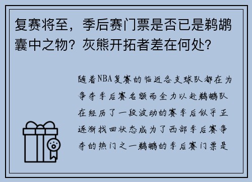 复赛将至，季后赛门票是否已是鹈鹕囊中之物？灰熊开拓者差在何处？