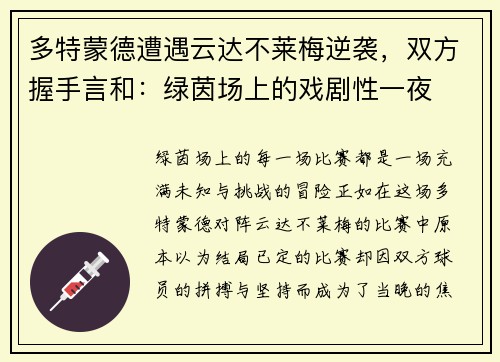 多特蒙德遭遇云达不莱梅逆袭，双方握手言和：绿茵场上的戏剧性一夜