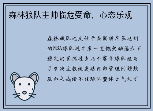 森林狼队主帅临危受命，心态乐观